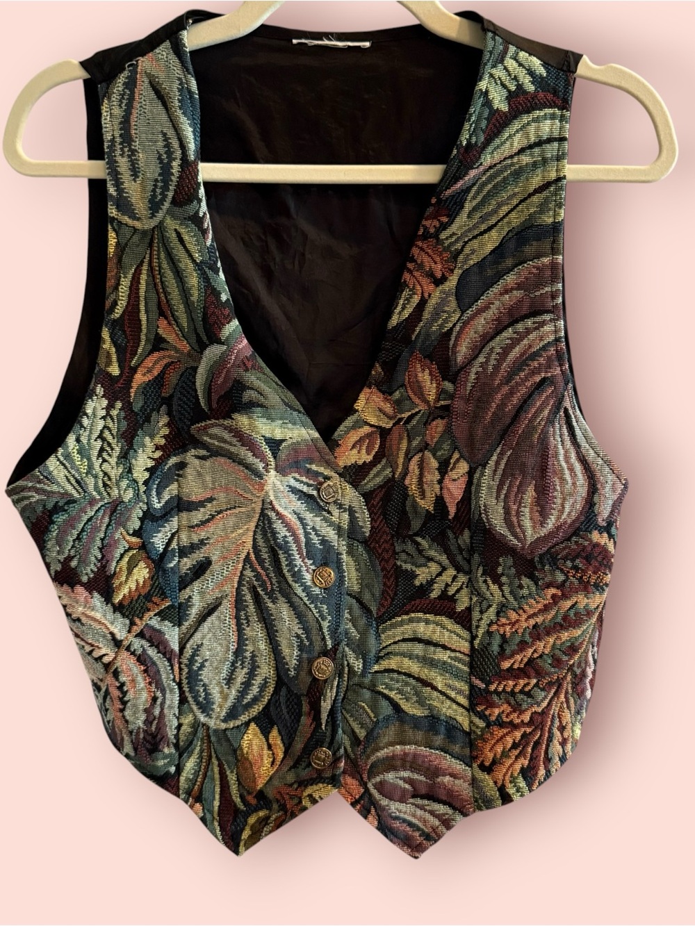 Vintage Botanical Tapestry Vest | Leaf Print Button Front